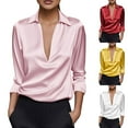 thumbnail image 1 of yoeyez Womens Soft Satin Silk Shirts Elegant Deep V Neck Collar Blouse Rolled Long Sleeve Work Shirt Silky Dress Blouses Tops, 1 of 7