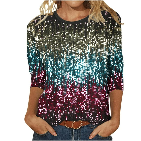 yoeyez Womens Summer Sequin Shirts 2025 3/4 Length Sleeve Shinny Shirts Loose Fit Round Neck Glitter Top Sparkly Glitter Beach Vacation Tee Shirt Multicolor M