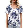 thumbnail image 1 of yoeyez Womens Summer Shirts Short Sleeves Fashion T-Shirt V Neck Casual Floral Print Tops Pleated Loose Fit Pullover Tee Multicolor 2XL, 1 of 6