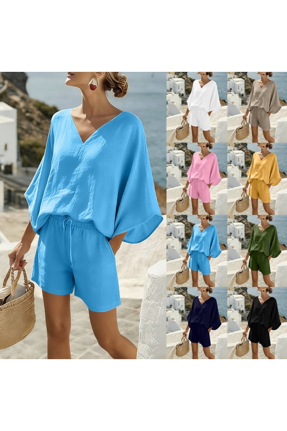 Womens Summer Short Sets Going Out Two Piece Sets 3/4 Batwing Sleeve V Neck Tops Drawstring Shorts Vacation Cruise Outfits for Women 2026 Pink,M