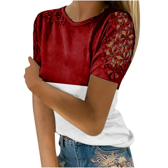 yoeyez Womens Tshirts Lace Short Sleeve Raglan Tops Casual Round Neck Pullover Fashion Plain Floral Tee Shirt Summer Outfits 2025 Red S