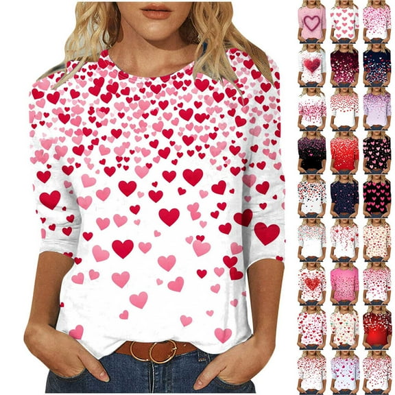 yoeyez Womens Valentines T-Shirt Cute Love Heart Shirts Loose Fit Crew Neck 3/4 Sleeve Tee Blouse Casual Valentines Gifts Pullover Tops