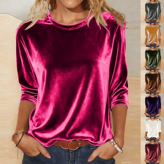 yoeyez Womens Velvet Tops and Blouses 3/4 Length Sleeve Valentines Crew Neck Shirt Trendy Velour Soft Peach Skin Dressy Costumes
