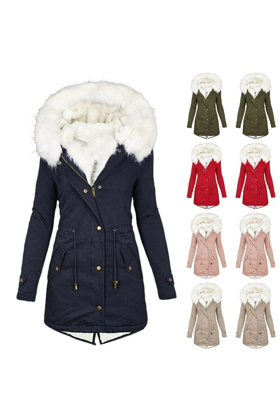 Womens Warm Winter Coats Plus Size Thick Fuzzy Fleece Lined Long Parka Thicken Jackets Outwear With Faux-Fur Hood Navy,XXL