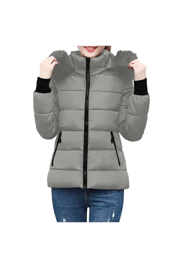 Womens Warm Winter Puffer Coats 2025 Trendy Hooded Jackets Thicken Down Coat With Hood Fur Lightweight Gray XXL