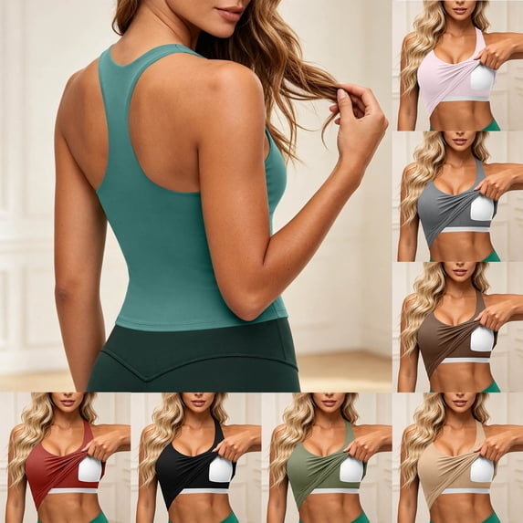yoeyez Womens Workout Tank Tops with Built-in Shelf Bra Crew Neck Racerback Ribbed Cami Seamless Slim Fitted Yoga Tanks for Athletic, Gym, Running Pink,S