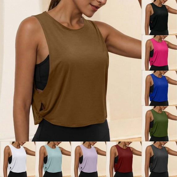yoeyez Workout Tank Tops for Women Breathable Sleeveless Running Gym Shirts Round Neck Racerback Crop Top Solid Comfy Lightweight Vests Army Green,XXL