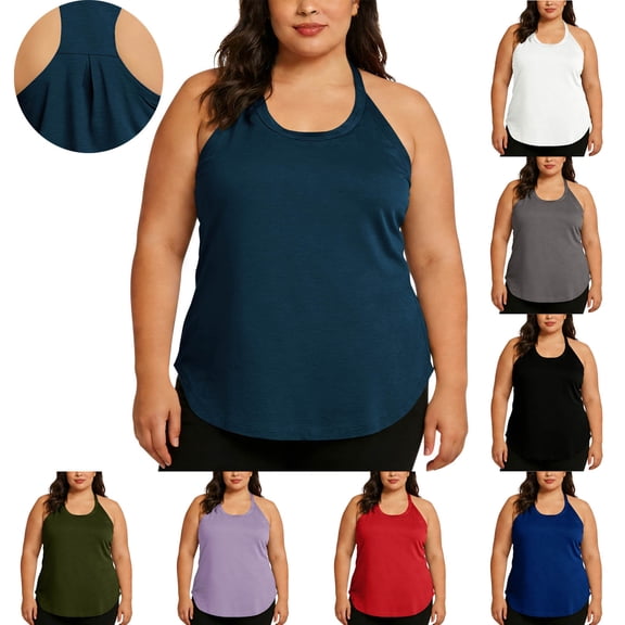 yoeyez Workout Tank Tops for Women Plus Size Racerback Athletic Muscle Shirts Sleeveless Loose Fit Dry Fit Tee Crewneck Relaxed Yoga Blouses