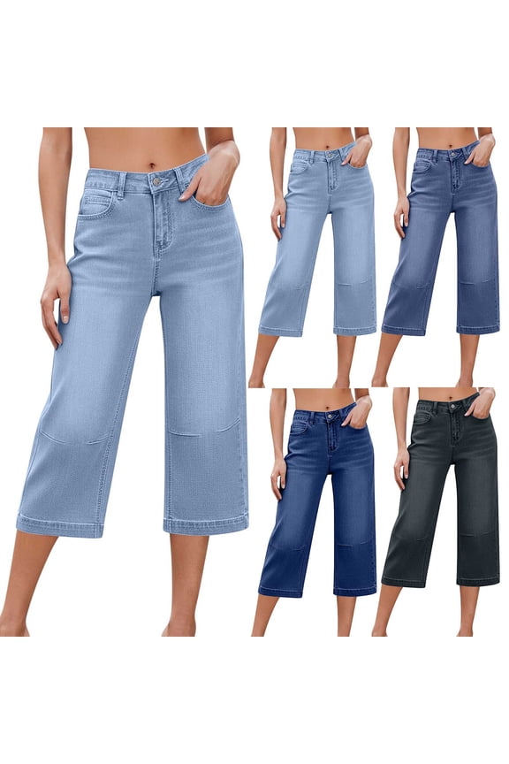 women's Wide Leg Cropped Jeans Textured Straight Leg Denim capris Mid Rise Contrast Stitching Jean Capris with Pockets Dark Blue,S