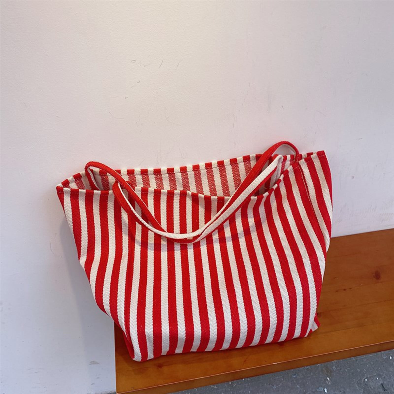 Red & White Striped Fabric Tote Large