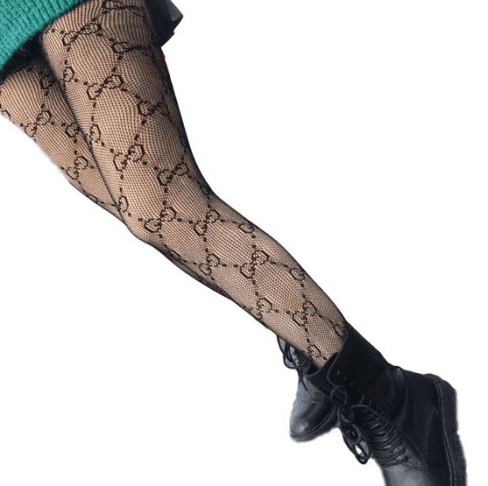 yongy Women's Semi-Opaque Black Fishnet Stockings,Double G Letter Sexy  Pantyhose Mesh Stocking