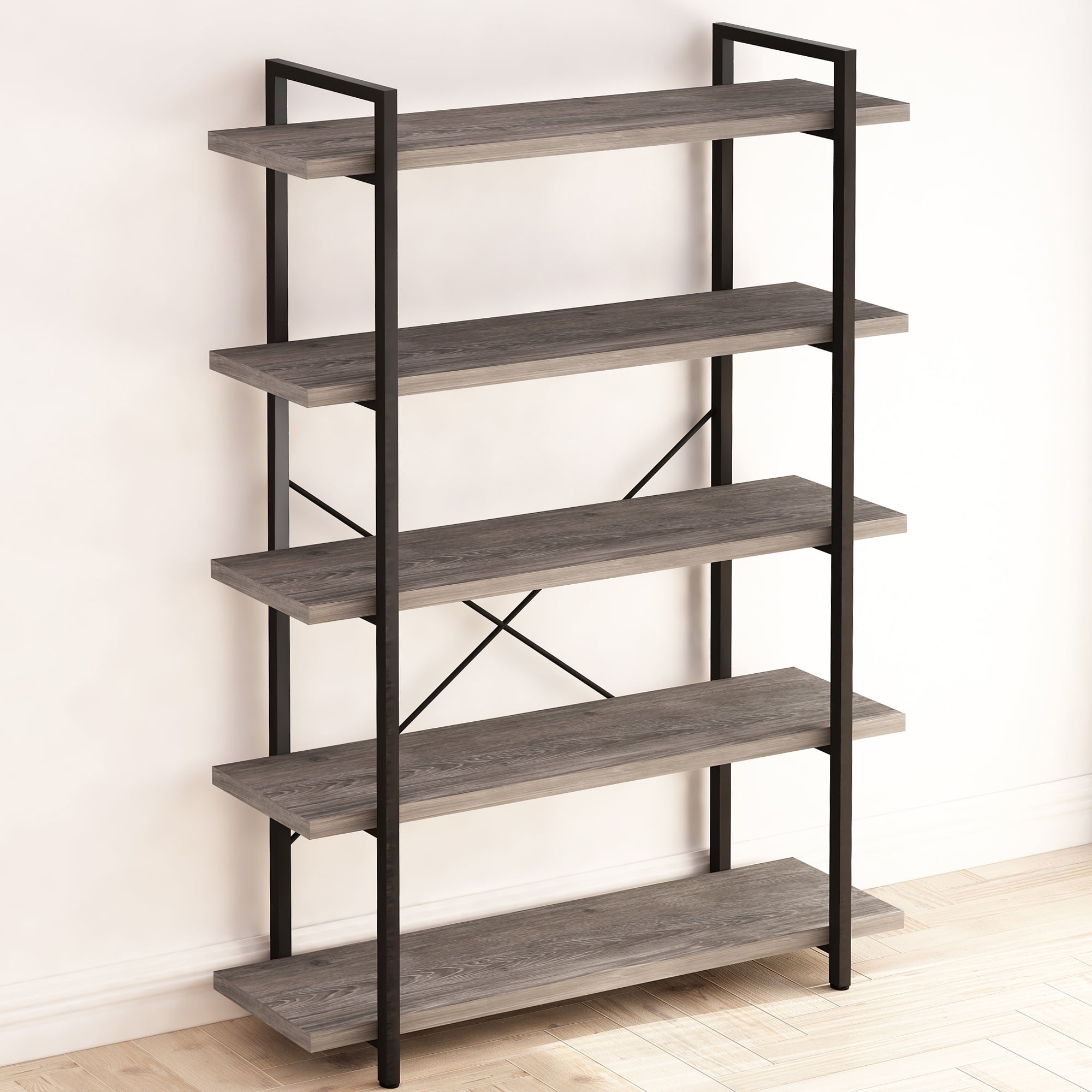yookare 5 Tier Shelves Gray Oak Wood Grain Bookcase with Metal Frame