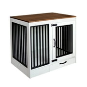 yookare White Pet Home, Heavy Duty Furniture Dog Crate, End Table with Pull-Out Drawer, Medium