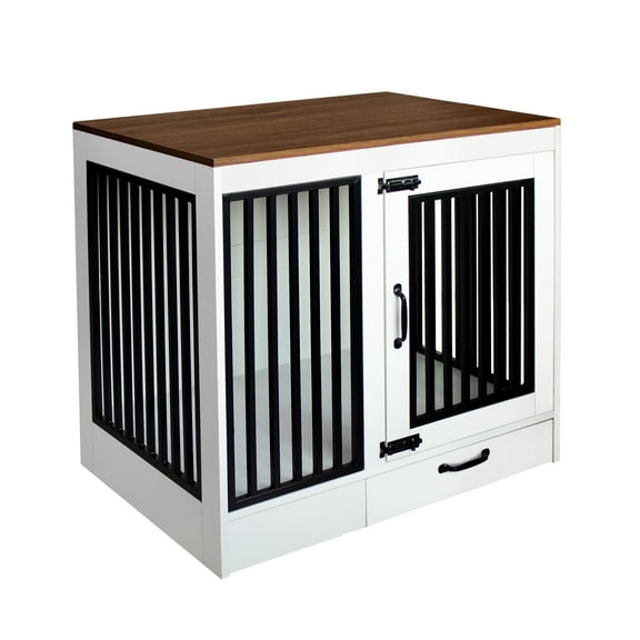 yookare White Pet Home, Heavy Duty Furniture Dog Crate, End Table with Pull-Out Drawer, Medium