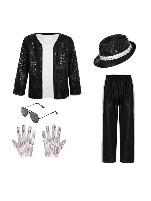 Kids Dance Star 𝐂ostume, Suit Set with Hat | Complete 7-piece white stripe dance star 𝐂ostume with jacket, pants, tie, hat, and toy microphone for parties.