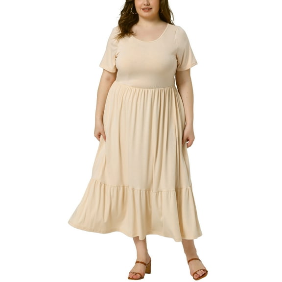 Agnes Orinda Plus Size Dresses for Women Short Sleeve Crew Neck Basic Swing Flowy Summer Maxi T-Shirt Dress 4X Apricot