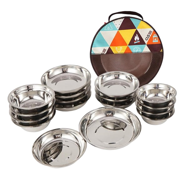 yotijay 17 Stainless Steel Camping Tableware Bowl Plate Outdoor Cutlery with Storage Bag