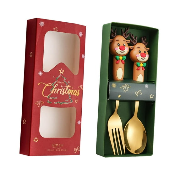 yotijay 2 Pieces Christmas Spoon and Fork Set Christmas Tableware Flatware with Gift Box Elk