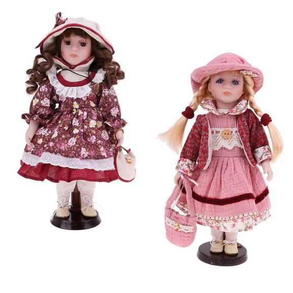 yotijay 2pcs 16inch Porcelain Doll with Wooden Stand, Standing People Figures in Dress ,