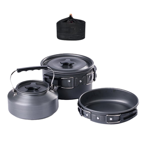 yotijay 3Pcs Camping Cooking Set Camping Cookware Mess Kit Aluminum Alloy Pot Frying Pan Black