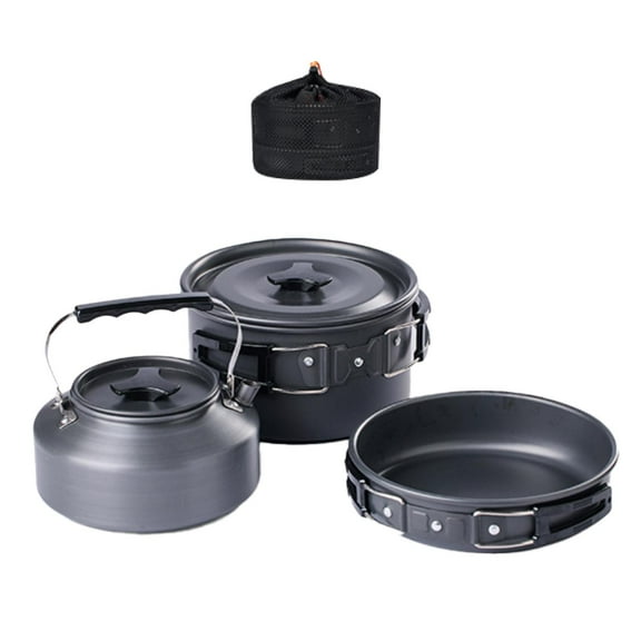 yotijay 3Pcs Camping Cooking Set Camping Cookware Mess Kit Aluminum Alloy Pot Frying Pan Black