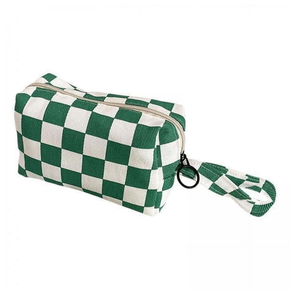 yotijay 3xCanvas Toiletry Bag Organizer Storage Case with Handle Strap Cosmetic Pouch Green White Plaid