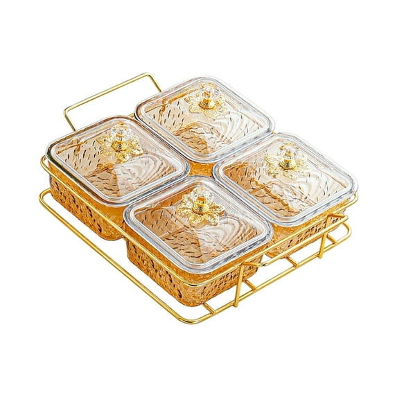 yotijay Candy Nut Serving Container,Divided Snack Serving Bowls Multipurpose Decorative Dried Fruit Tray with Lid for Nut Dried Fruit 4 Grid Gold