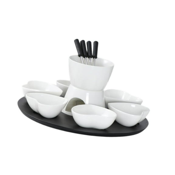 yotijay Ceramic Chocolate Hot Pot and Tray with 4 Forks Melt Hot Pot Bowl for Butter white