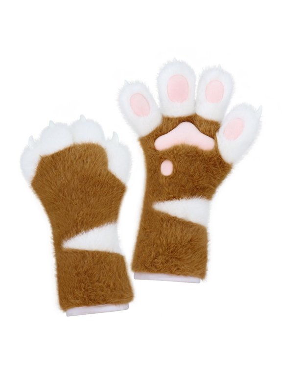 Feline Paw Gloves Faux Shaggy Paw Gloves Cuddly for Cosplayers, Adults, Cosplay, Brown