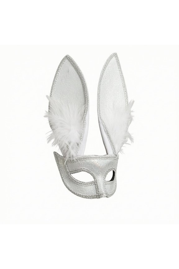 Hare Face Covering with Feathers Glittery Hare Face Covering with Long Ears Cute Silver White