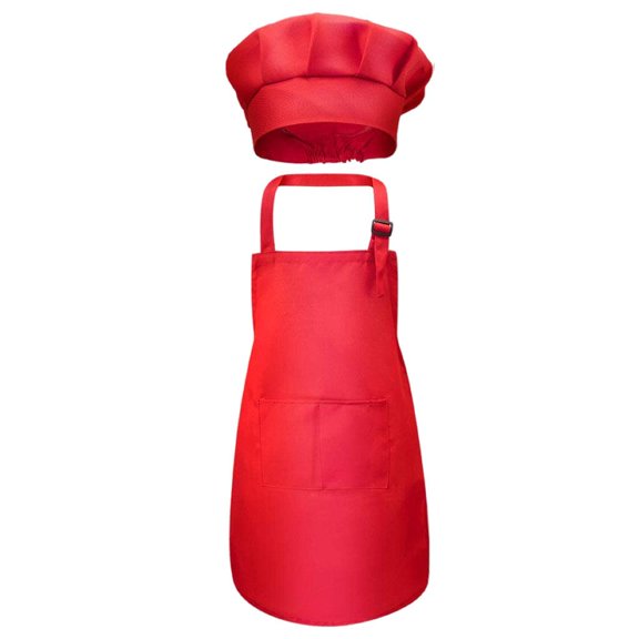 yotijay Kid Apron and Hat for Age 3-13 Years with Pocket Kitchen Apron for Painting Red Red L