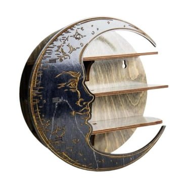 yotijay Shelves Wood Ornament Wall Hanging Decoration Moon Shape Wall Shelf for Black