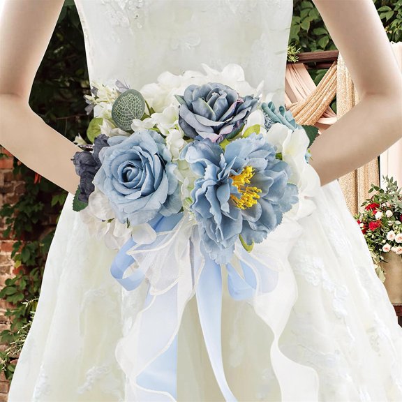 yotijay Wedding Bouquet Artificial Flowers Bride Holding Flowers for Valentine's Day Blue White