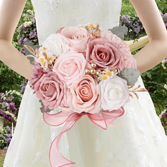 yotijay Wedding Bouquet Artificial Flowers Bride Holding Flowers for Valentine's Day Pink White