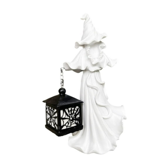 yotijay Witch with Lantern Statue Witch Figurine Halloween Decor Desktop Resin Sculpture White