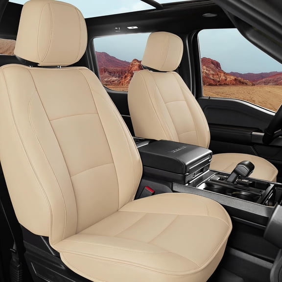 yotruth Car Seat Covers for 2015-2025 Ford F150 SuperCrew & 2017-2025 F250/F350/F450 Super Duty Crew Cab Pickup XL XLT Lariat King Ranch | Front Seat Covers for Pickup Trucks(Beige)