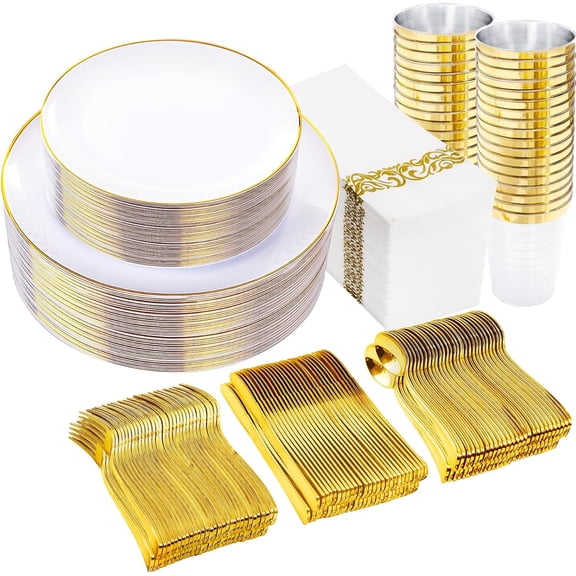 youjia 350Pcs Elegant White and Gold Plastic Dinnerware Set for Wedding