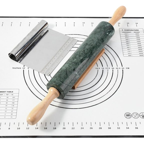 youjia Indian Natural Marble Rolling Pin, Non-Stick Polished Dough Roller, Pasta, Dumpling, Fondant, Pie Crust, Bread, Pizza Dough, Kitchen Baking Pastry Tools with Mat/Scraper(Indian Green)