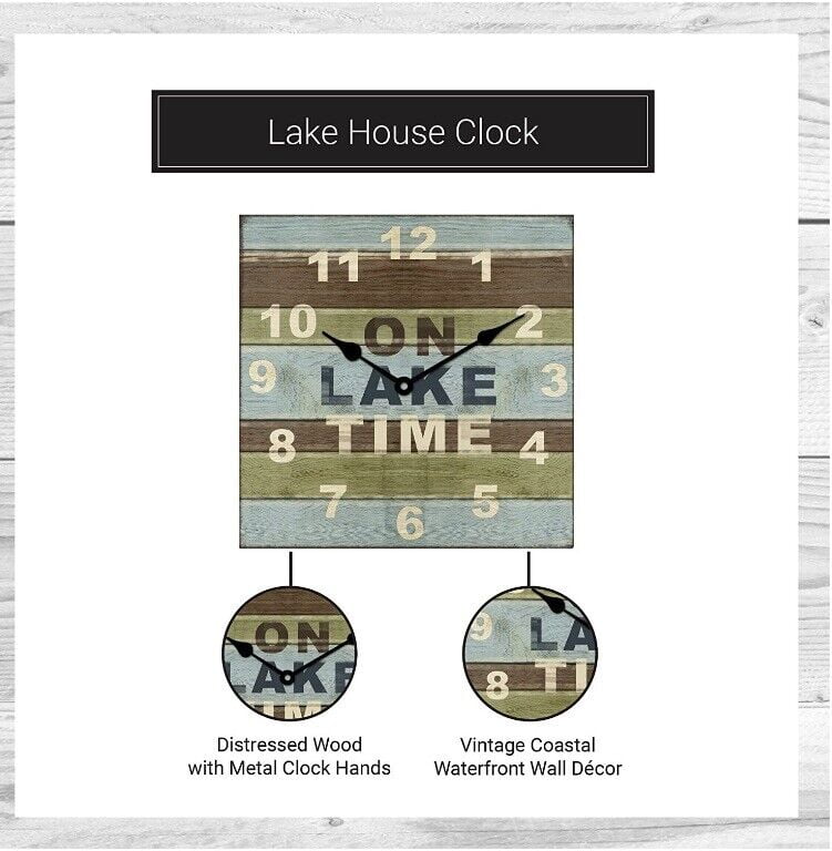 young's square wood lake house clock, 13inch “On Lake Time”