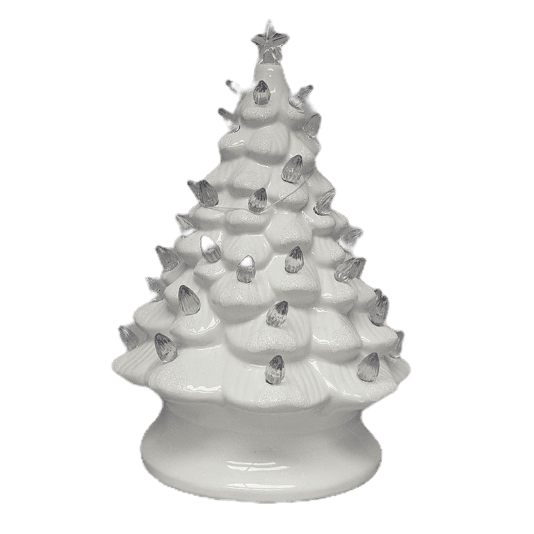 White Ceramic Christmas Tree with Clear Bulbs 11” tall