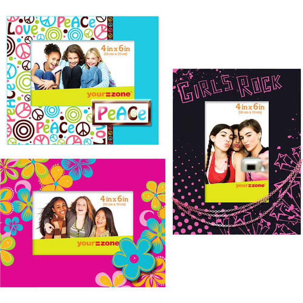 your zone 4x6 girls rock, flowers and peace sign picture frames, black and pink, set of 3 - image 1 of 1