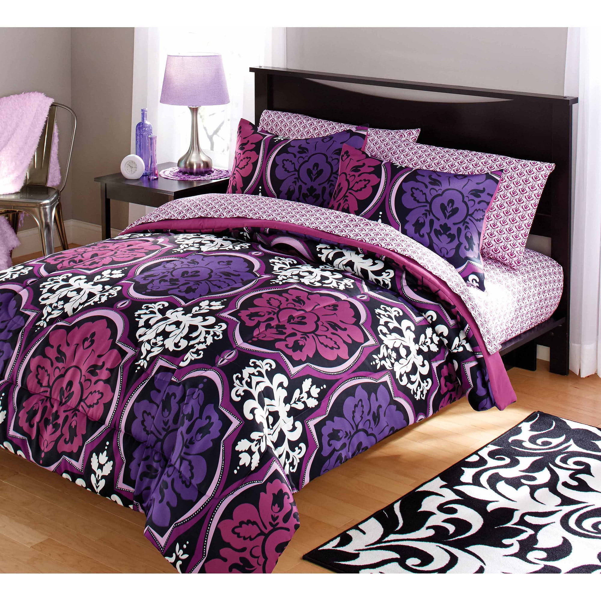 your zone dotted damask bedding comforter set, purple