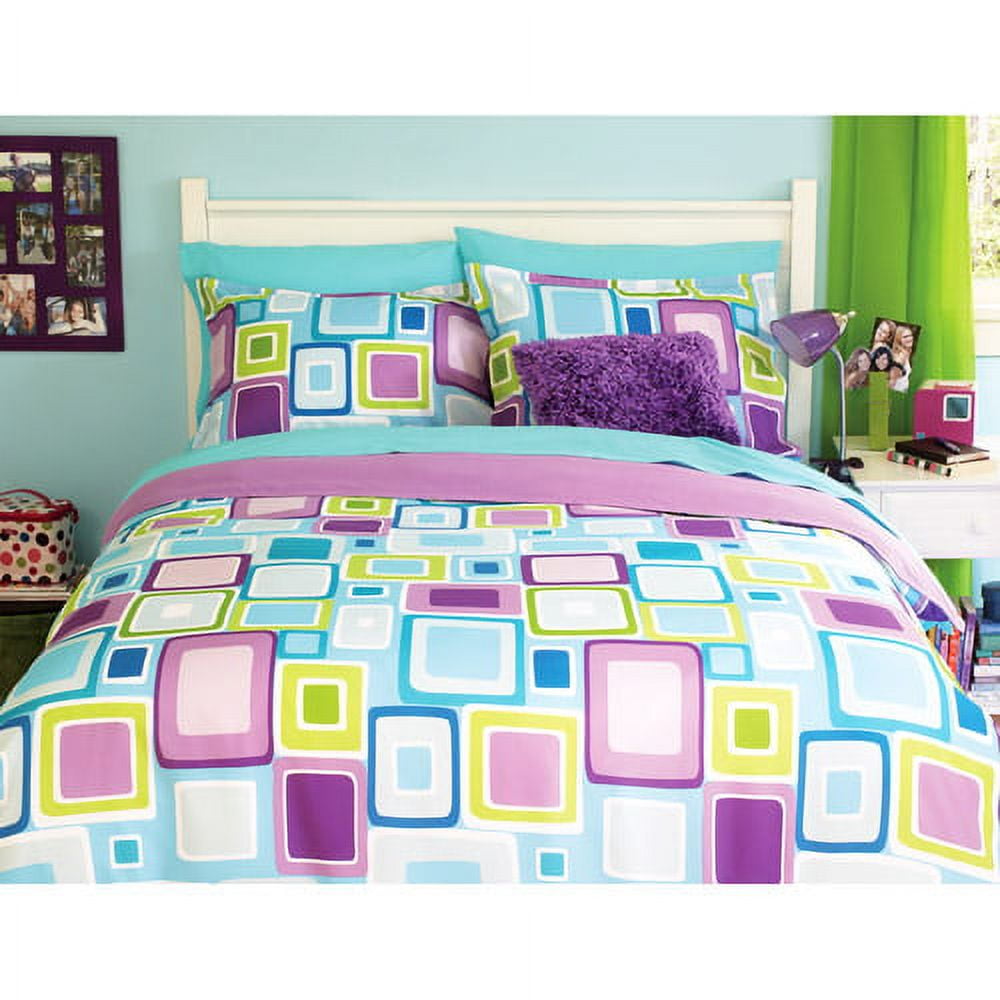 your zone reversible comforter cover & sham set, aqua geometric/iris