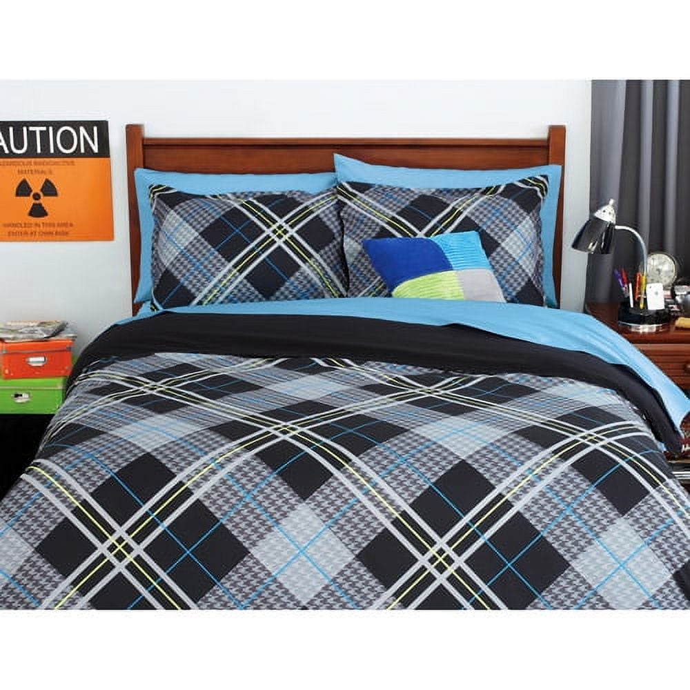 your zone reversible comforter cover & sham set, gray plaid/rich black