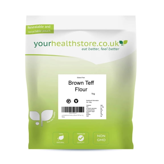 yourhealthstore Premium Gluten Free Brown Teff Flour 1kg, Wholegrain (Resealable and recyclable pouch).