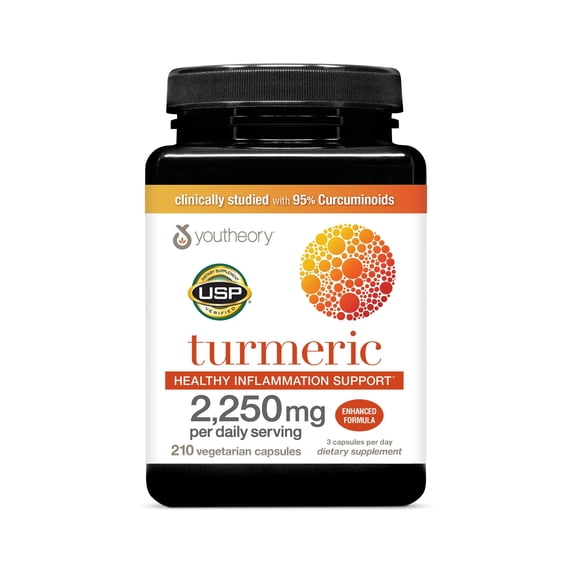 Youtheory Turmeric Extra Strength, 210 Vegetarian Capsules (70 Day Supply), Piperine & Bioenhancers , Supplement for Muscle & Brain Health*