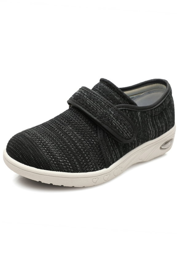 Women's Diabetic Shoes with Velcro Wide for Elerly Women Walking Shoes Adjustable Closure Breathable Lightweight Width Non Slip Air Cushion Sneakers for Swollen Feet Edema Black Grey 9.5