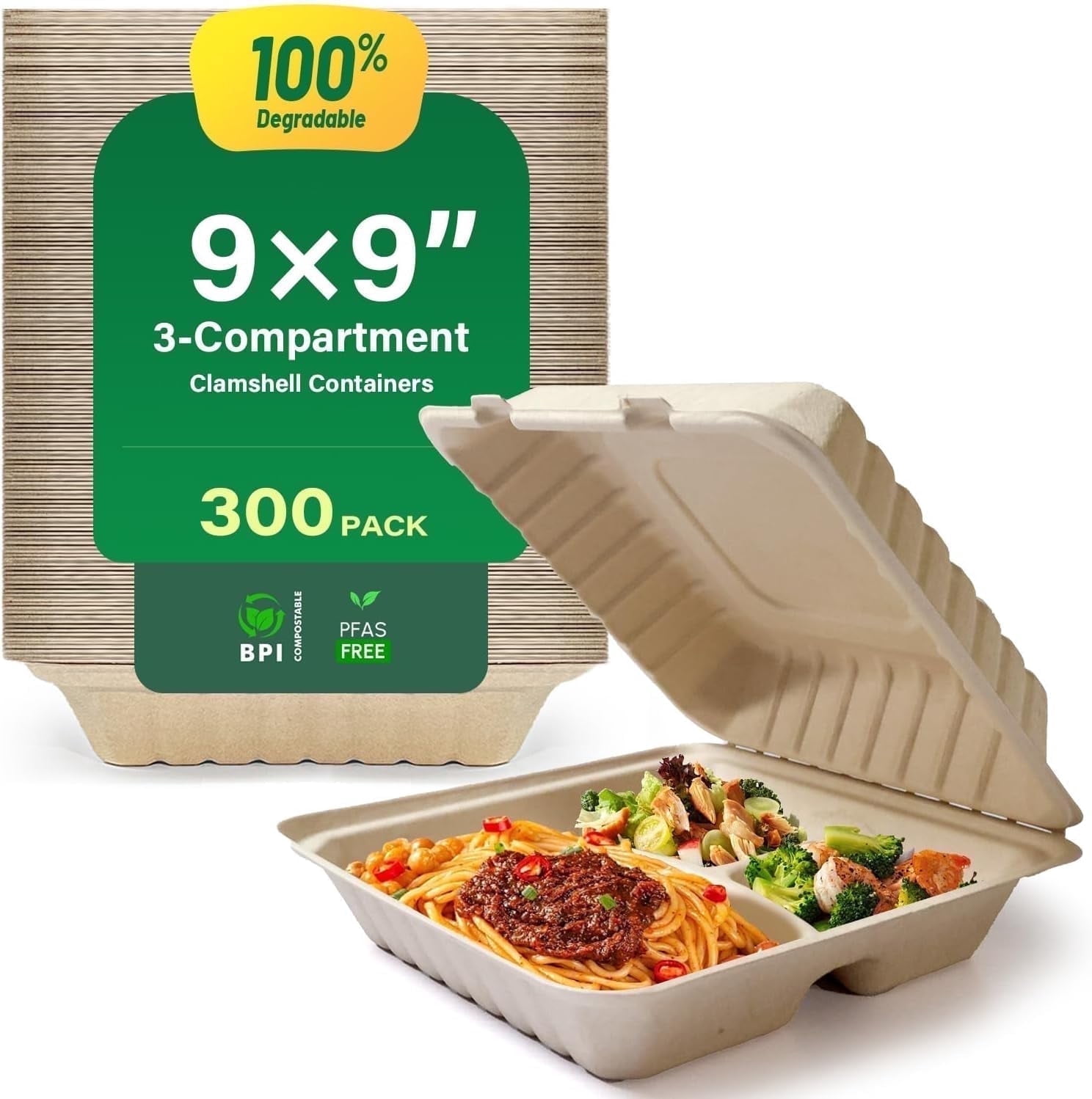 [9X9, 300-Pack] 100% Compostable Clamshell Take Out Food Containers ...