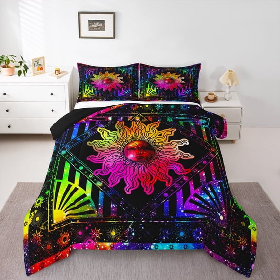 ystSun and Moon Comforter Set, Rainbow Tie Dye Bedding Sets Psychedelic Celestial Astrology Duvet Insert Hippie Trippy Galaxy Quilt Comforter Cosmic Constellation Zodiac Duvet Sets Queen,3Pcs