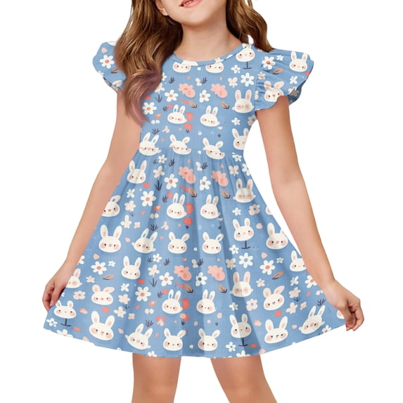 yuCgh Easter Dress for Girls: Flutter Sleeve A-Line Summer Party Dress, Lightweight Casual T-Shirt Style Dress for Easter Day,Blue 110